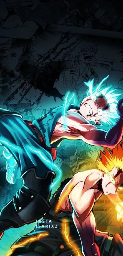 Anime characters in a dynamic duel with vibrant colors and energy.