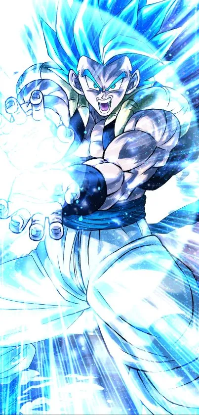 Dynamic anime character emitting blue energy.