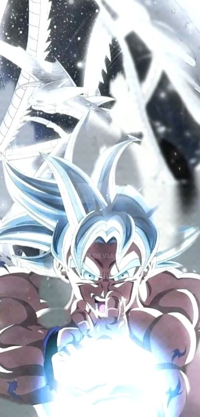 Dynamic anime character unleashing an energy surge with bright light effects.