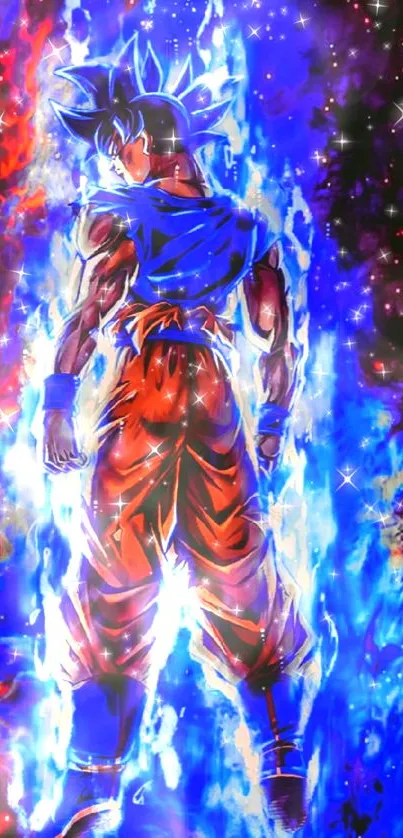 Anime character with blue and red aura in dynamic wallpaper.