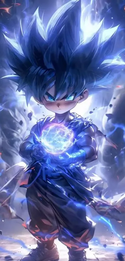 Anime character with glowing blue energy sphere, surrounded by dynamic aura.