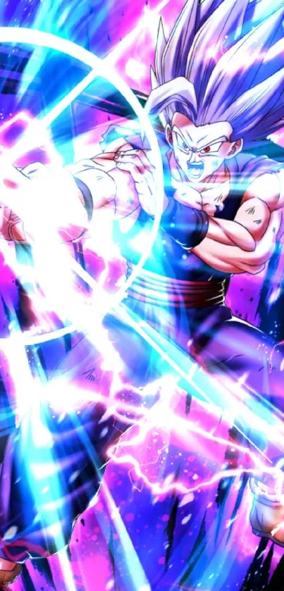 Anime character with energy burst in vibrant blue and purple hues.