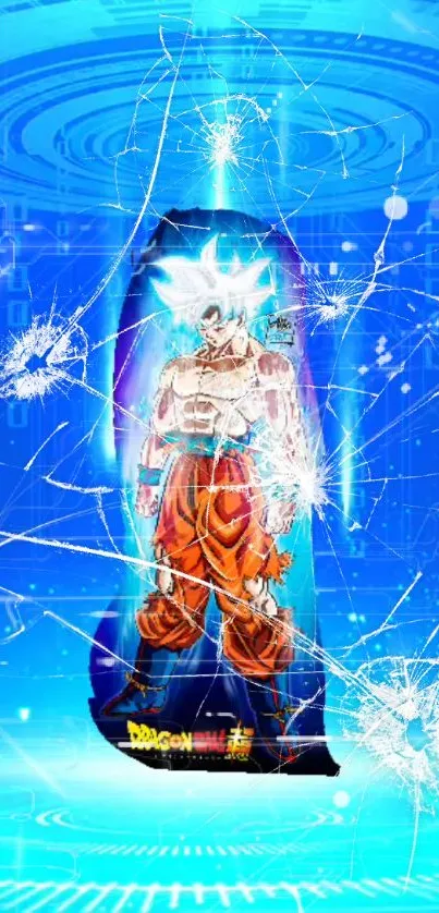 Anime character with energy in blue digital background.