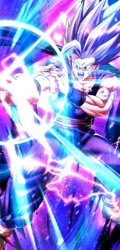 Anime character with blue energy waves and vibrant action pose.