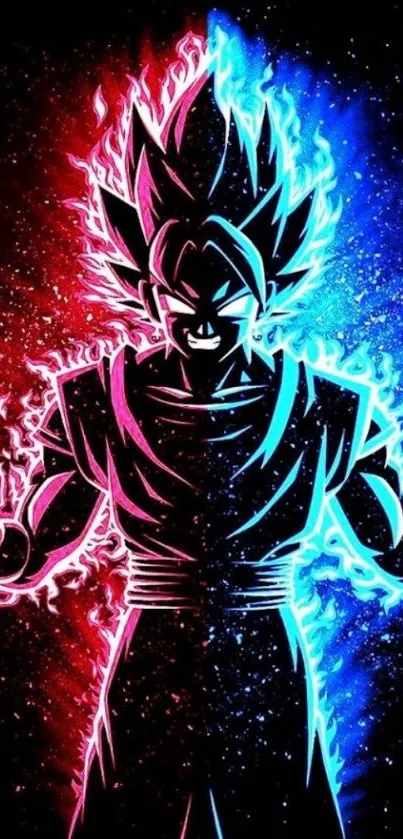 Anime character with glowing red and blue aura.