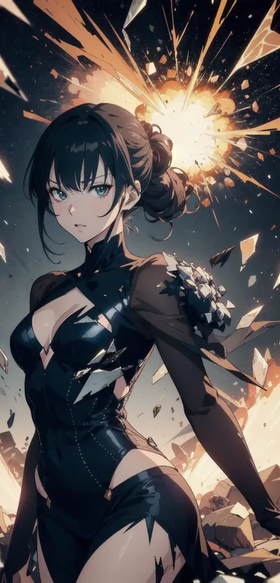 Dynamic anime character amidst exploding shards in vibrant artwork.