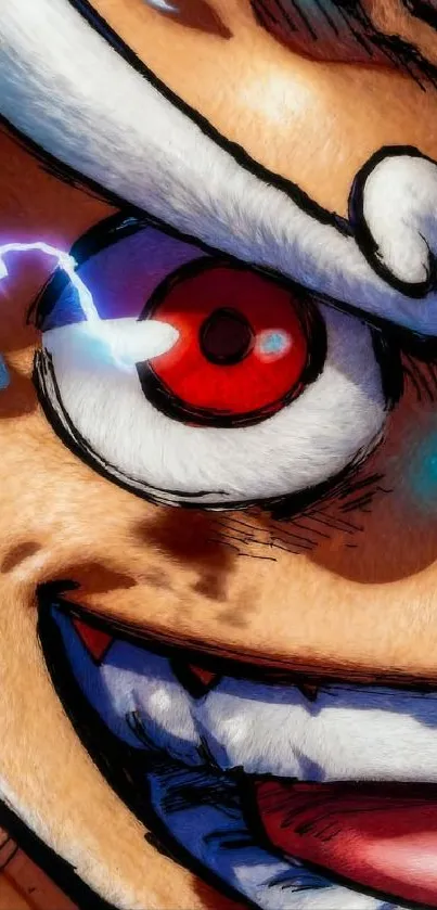 Anime eye close-up with vibrant colors and lightning detail.