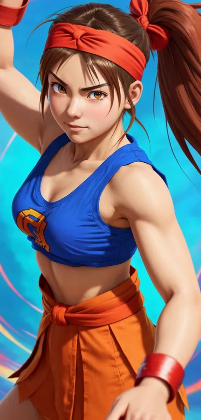 Vibrant anime fighter with blue and orange outfit.