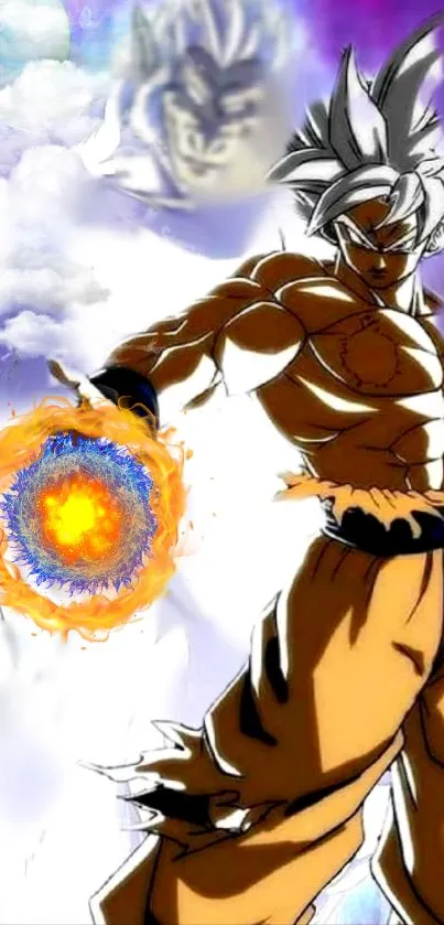 Anime fighter with energy aura and clouds in background.