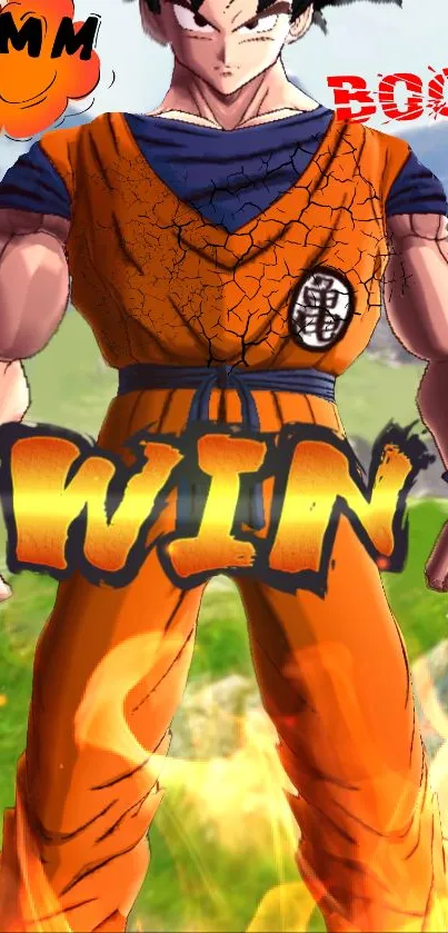 Anime fighter in orange outfit with win text overlay.