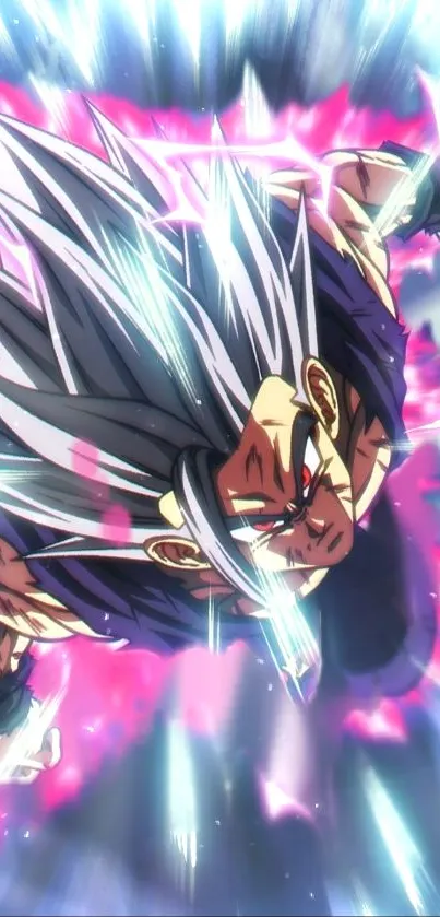 Dynamic anime fighter with vibrant energy and intense expression in action.