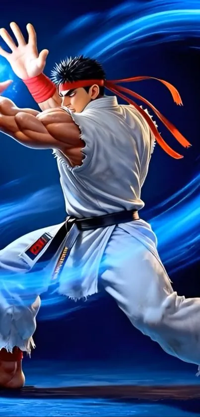 Anime fighter with blue energy aura in powerful pose.