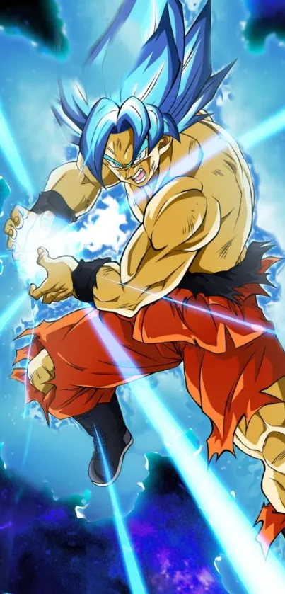 Action-packed anime character with blue aura and red pants in dynamic pose.