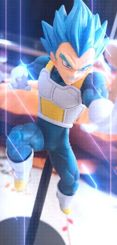 Dynamic anime figure with blue hair in action pose.