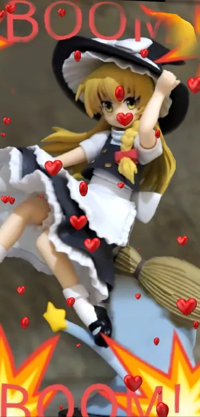 Anime figure with hearts and BOOM text, vibrant wallpaper.