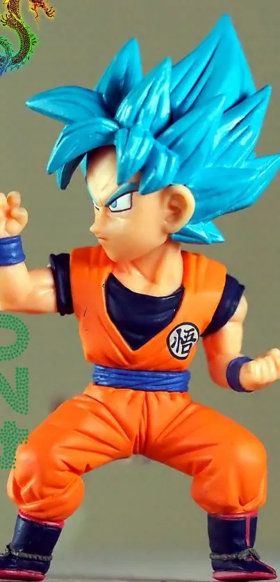 Vibrant anime figure with blue hair and orange outfit in action pose.