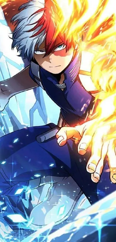 Anime character with fire and ice powers in action-packed scene.