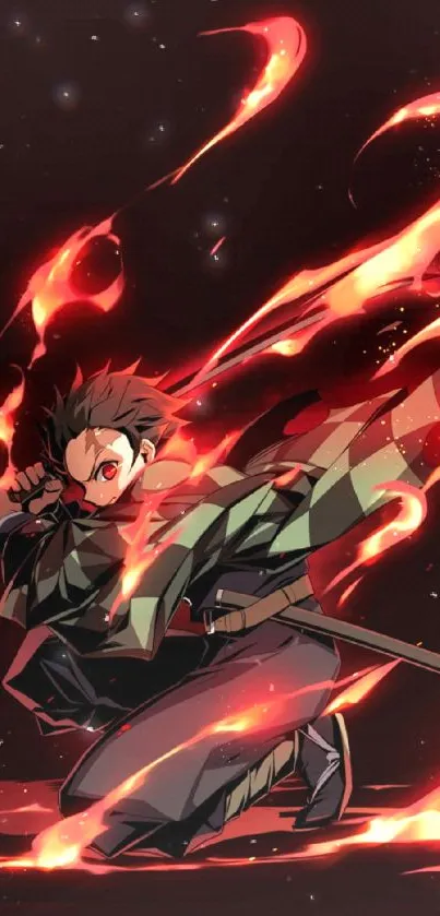 Anime character in fiery action with sword and dynamic flames.