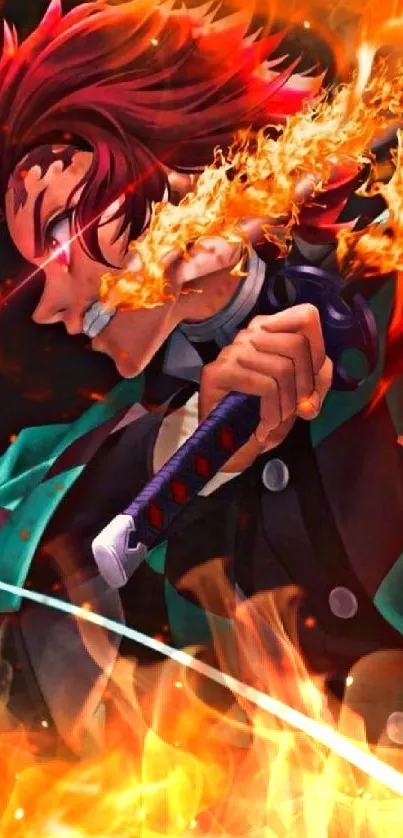 Anime character with fiery sword in action scene.