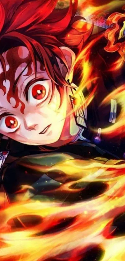 Anime character surrounded by vibrant flames in a dynamic design.