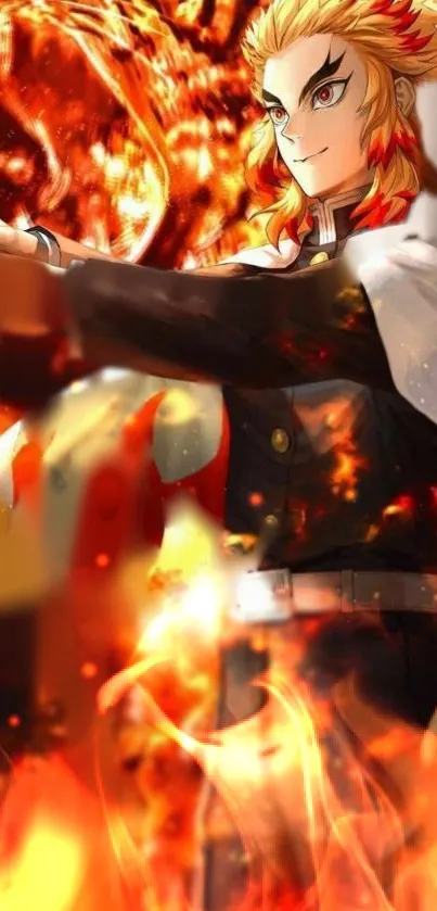 Fiery anime warrior in dynamic scene with flames.