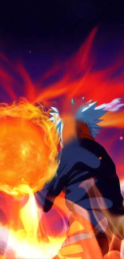 Anime character holding a fiery orange fireball on a vibrant background.