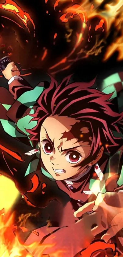 Anime character in action with flames and dynamic colors.