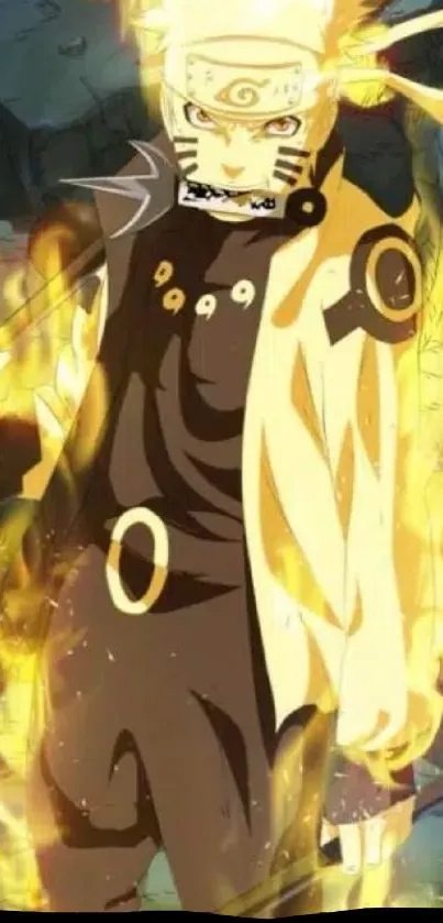 Anime character surrounded by orange flames against a dark background.