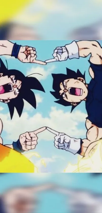 Anime characters performing fusion against a sky blue background.