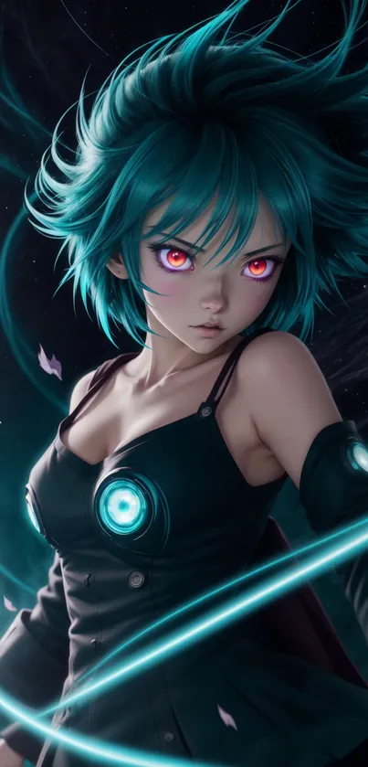 Anime girl with blue hair and glowing eyes, dynamic wallpaper.