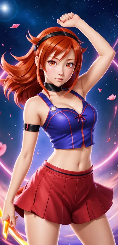 Animated anime girl with blue top and red skirt in a cosmic background.