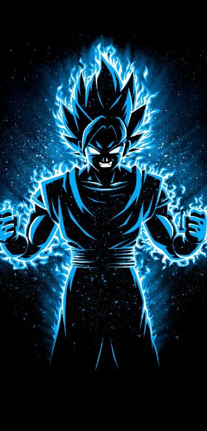 Anime character with a glowing blue aura on a dark background.