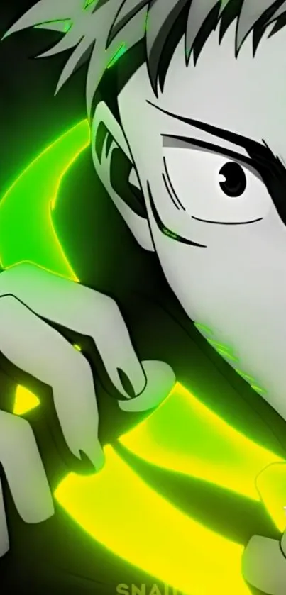 Anime character with neon green glow background in an animated style.