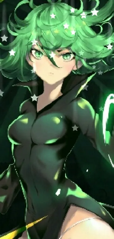 Dynamic anime character with green aura art.