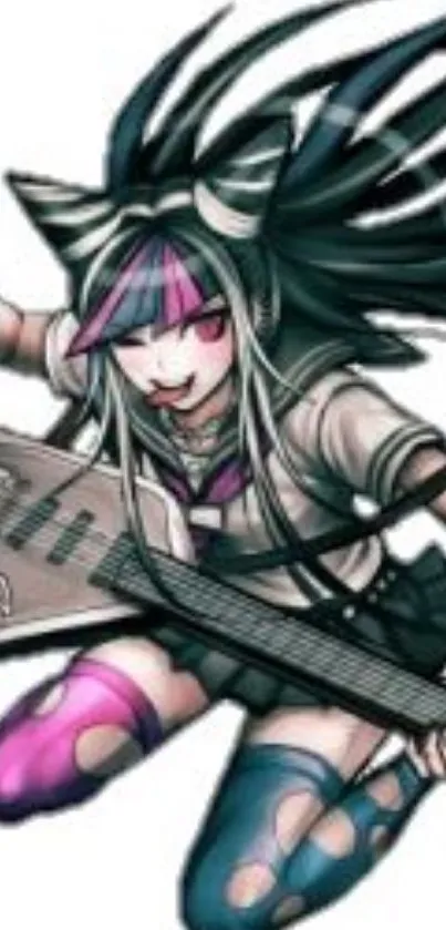 Anime guitarist with pink highlights and dynamic pose.