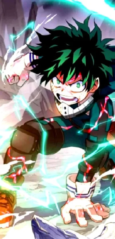 Anime hero in action with vibrant energy background.