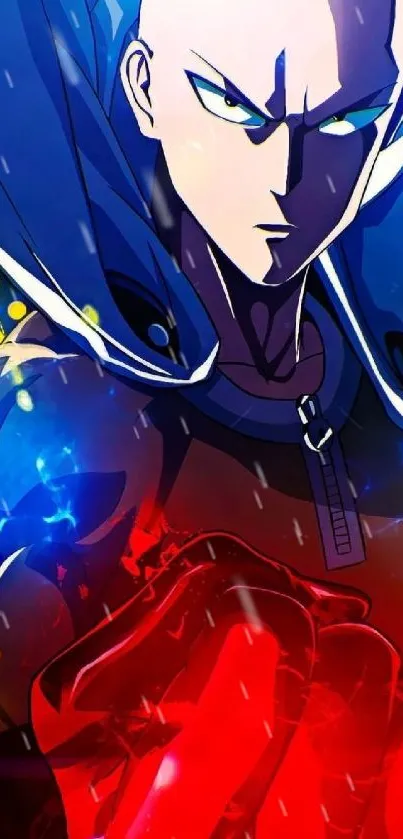 Anime hero in blue and red dynamic wallpaper.