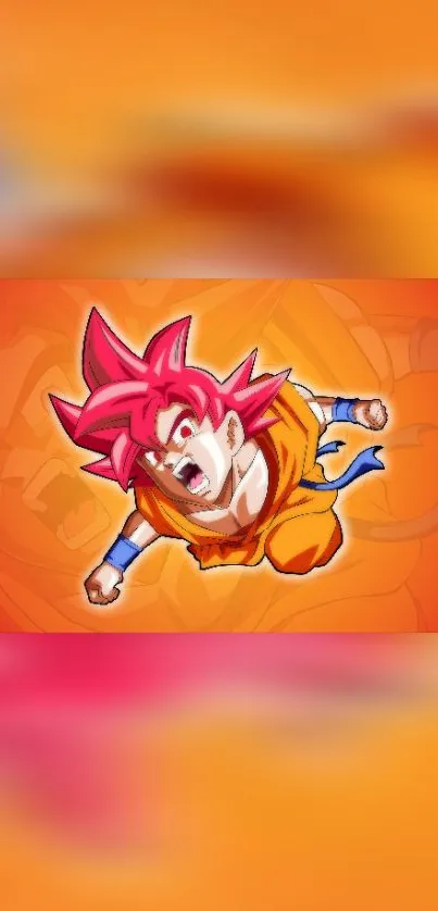 Anime hero in orange outfit with vibrant red background.