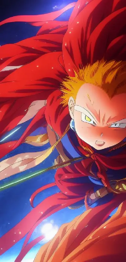 Dynamic anime hero in action with vibrant red elements.