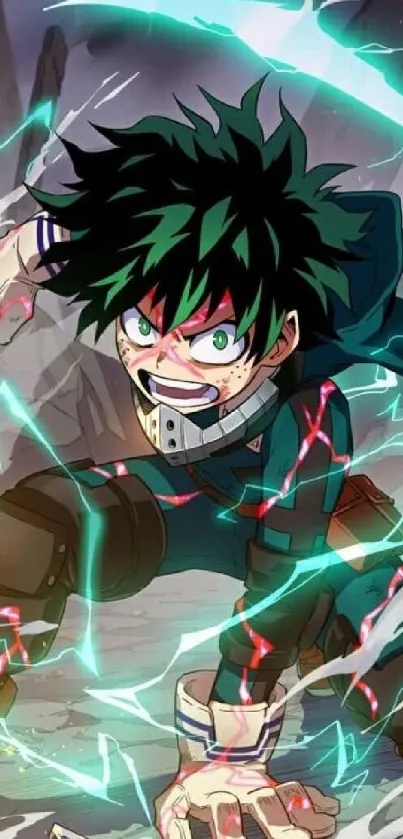 Anime hero in dynamic action pose with electrifying teal effects.