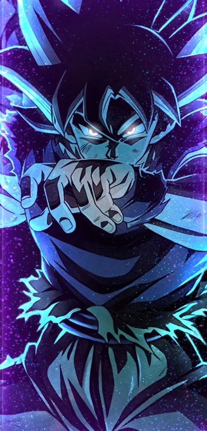 Anime hero in dynamic blue hues with glowing eyes, capturing action and intensity.