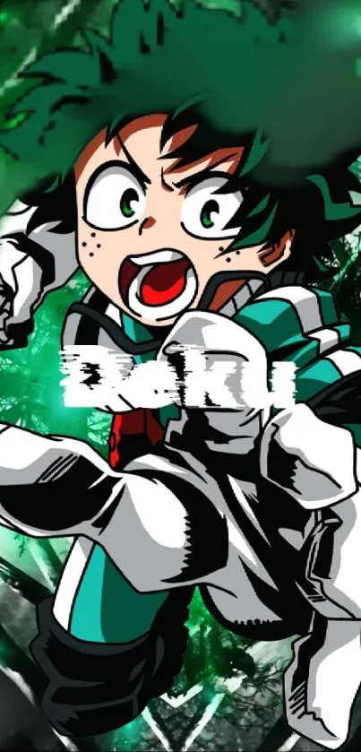 Anime hero in green dynamic action wallpaper.