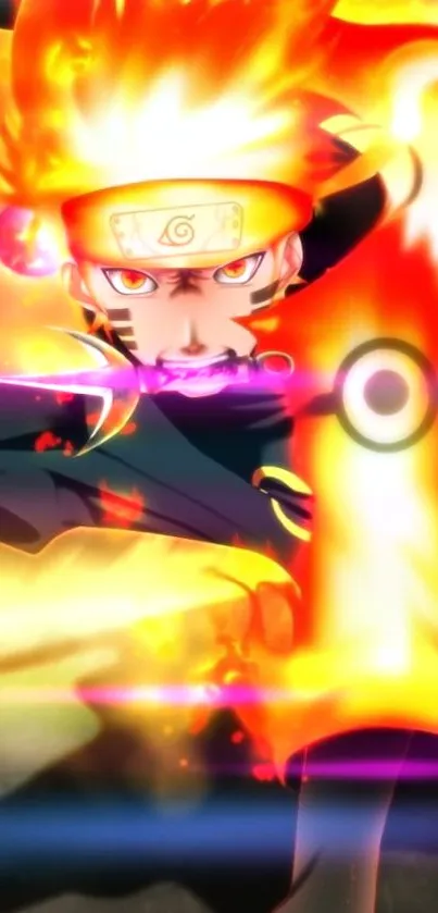 Anime hero with fiery orange aura and intense energy.