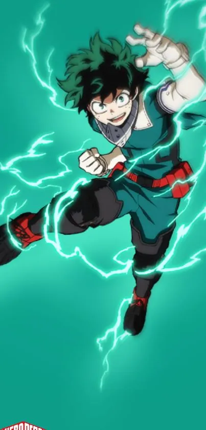 Izuku Midoriya from My Hero Academia with electrifying teal background.