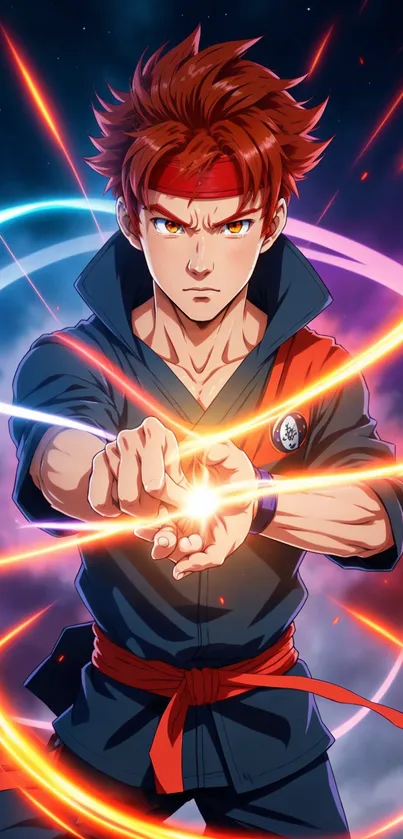 Anime hero with fiery energy bursts on mobile wallpaper.