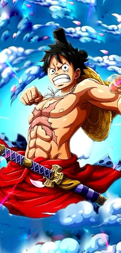 Anime hero in dynamic pose with blue sky background.