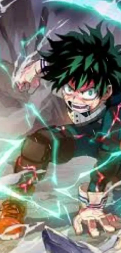 Anime hero in action with electric energy surge.