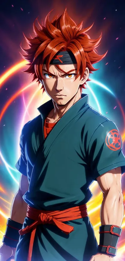 Anime hero with fiery hair and vibrant energy swirls.