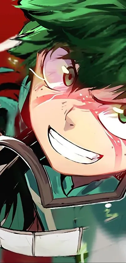 Anime hero with green and red hues in intense expression.