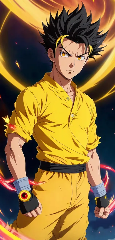 Dynamic anime hero in yellow with swirling energy background.